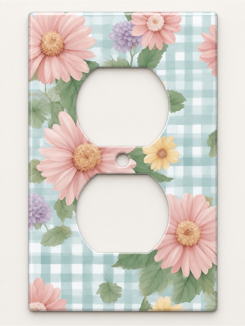 Handmade Pink Daisy Floral Gingham Duplex Outlet Cover Plate